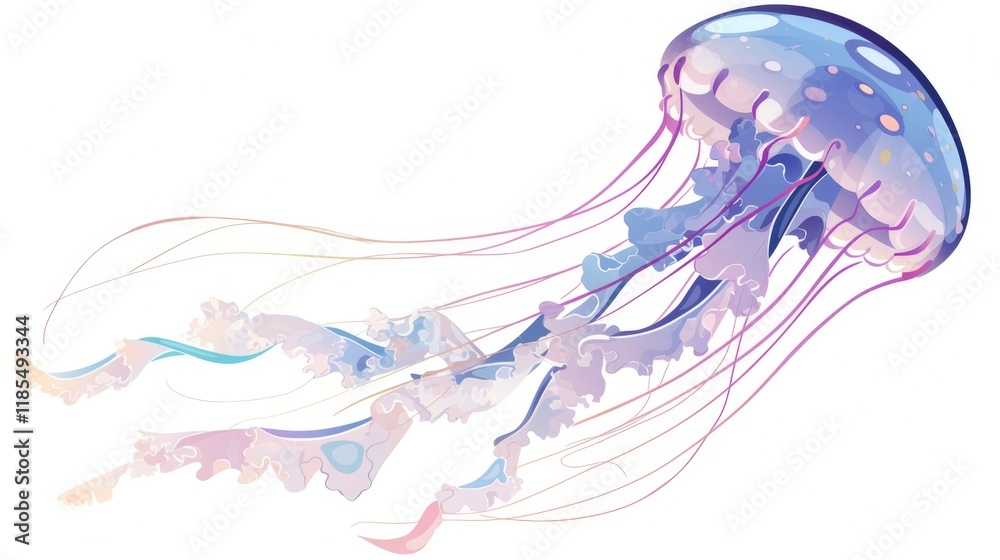 A colorful, translucent jellyfish with flowing tentacles gracefully gliding through the water, showcasing its ethereal beauty. A colorful, translucent jellyfish with flowing tentacles gracefully gliding through the water, showcasing its ethereal beauty.