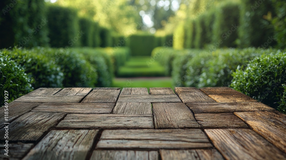 Rustic wooden table close-up in a beautiful garden setting for nature photography Rustic wooden table close-up in a beautiful garden setting for nature photography