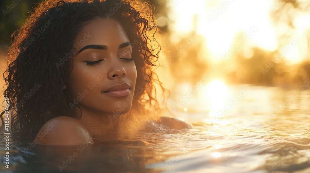 Fototapeta premium Serene Woman Enjoying Water at Sunset