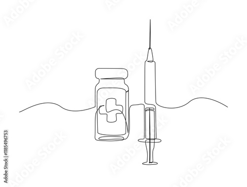 Continuous one line drawing of syringe and vial - medical equiptment. Vaccine and Injection Syringe in single line draw vector illustration. Editable stroke.