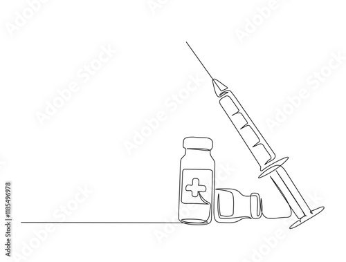 Continuous one line drawing of syringe and vial - medical equiptment. Vaccine and Injection Syringe in single line draw vector illustration. Editable stroke.