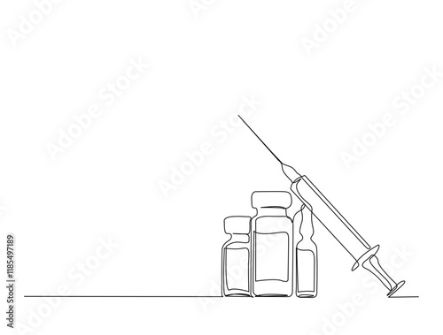 Continuous one line drawing of syringe and vial - medical equiptment. Vaccine and Injection Syringe in single line draw vector illustration. Editable stroke.