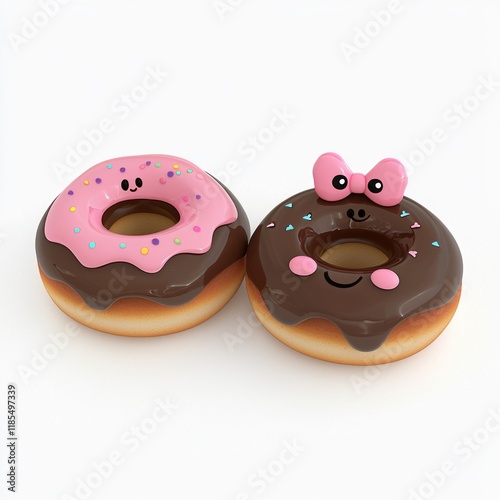 Cute cartoon donuts with chocolate and pink icing, smiling faces, and playful decorations for kids' designs and bakery themes photo