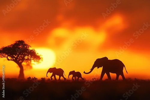 A silhouette of an elephant family walking together against the backdrop of a sunset sky photo