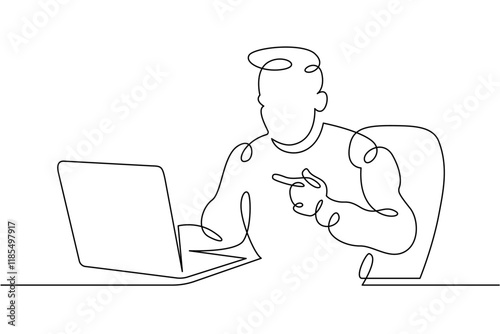 Portrait of a working man at a computer laptop. One continuous drawing line  logo single hand drawn art doodle isolated minimal illustration.Designer journalist manager.