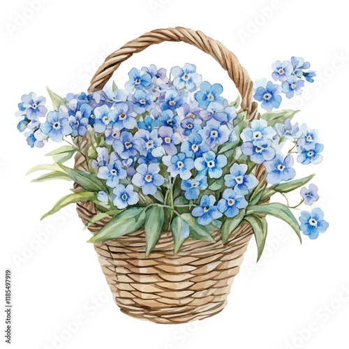 A watercolor vector of a Forget-Me-Not bouquet in a basket, isolated on a white background. Forget-Me-Not vector.
