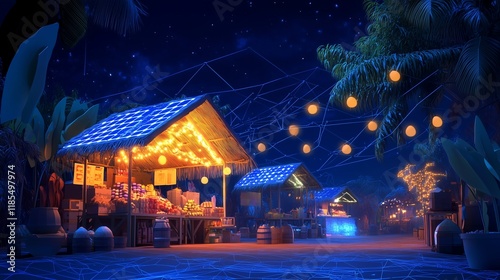 Rural marketplace lit by solar-powered LED lights, presented against dark blue background with dynamic low poly designs and radiant energy lines, emphasizing sustainable commerce and rural vitality.