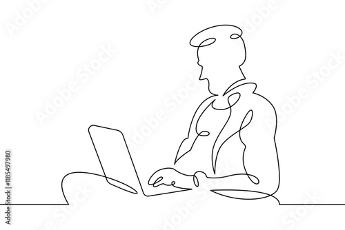 Portrait of a working man at a computer laptop. One continuous drawing line  logo single hand drawn art doodle isolated minimal illustration.Designer journalist manager.