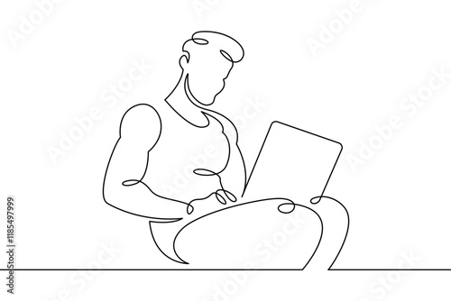 Portrait of a working man at a computer laptop. One continuous drawing line  logo single hand drawn art doodle isolated minimal illustration.Designer journalist manager.