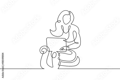 Portrait of a young woman girl working at a laptop computer. Training and education. One continuous drawing line, logo single hand drawn art doodle isolated minimal illustration.