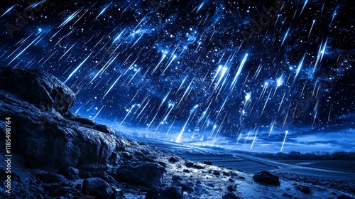 Majestic Night Sky Meteor Shower over Rocky Landscape and Serene Field photo