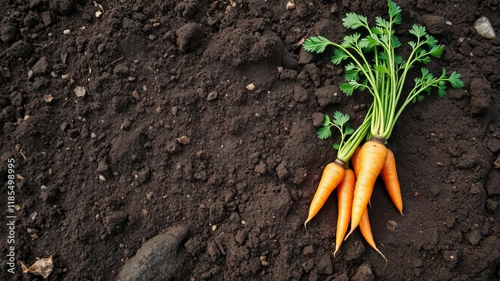 Organic carrots growing in nutrient-rich soil with Organic carrots growing in nutrient-rich soil with