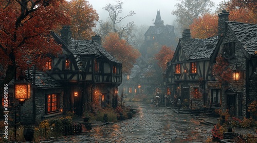 Misty autumn village street with medieval houses and cobblestone road.