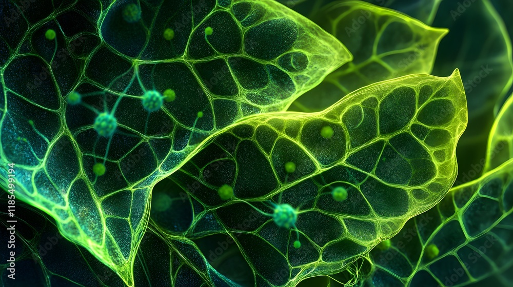 Obraz premium Abstract Cellular Structure Glowing Green Leaves