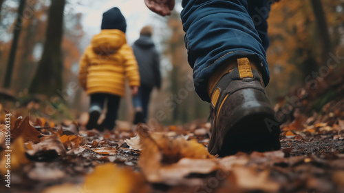 A family hike in autumn, with leaves crunching underfoot