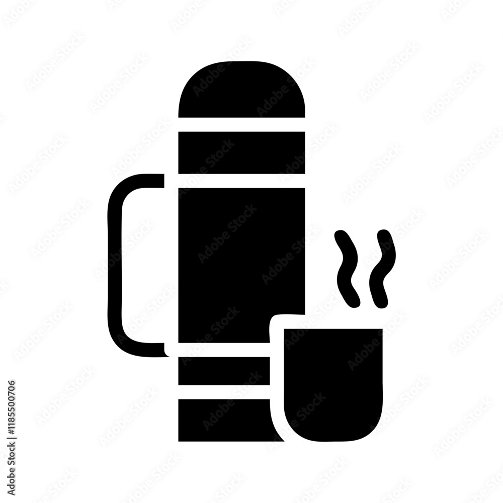Thermos and cup with hot drink. Concept of travel, camping, and hot beverage. Thermos and cup with hot drink. Concept of travel, camping, and hot beverage.