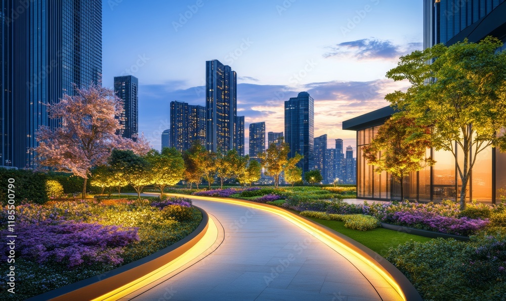 Fototapeta premium Modern city center with greenery and bright walkways in city parks