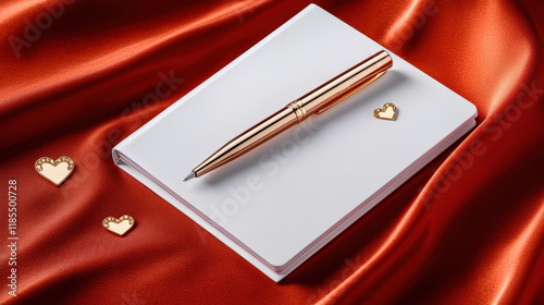 Pen and Notebook giftset for Valentine's Day concept. Elegant notepad with a gold pen and heart-shaped decorations on fabric photo