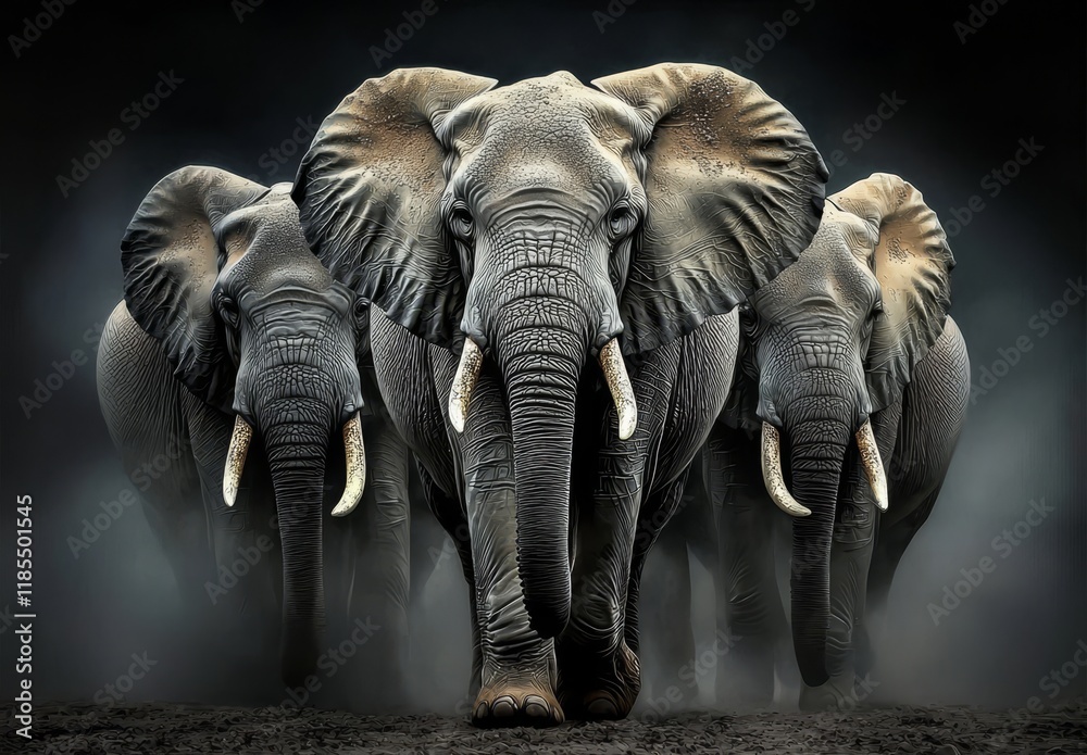 Fototapeta premium The beauty of African elephants showcased against a dark backdrop.