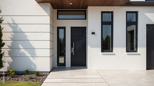 Modern home entrance with dark gray door, sidelight, and two tall, narrow windows.  White stucco exterior, concrete walkway, and minimal landscaping.  Overhead awning is dark brown wood.