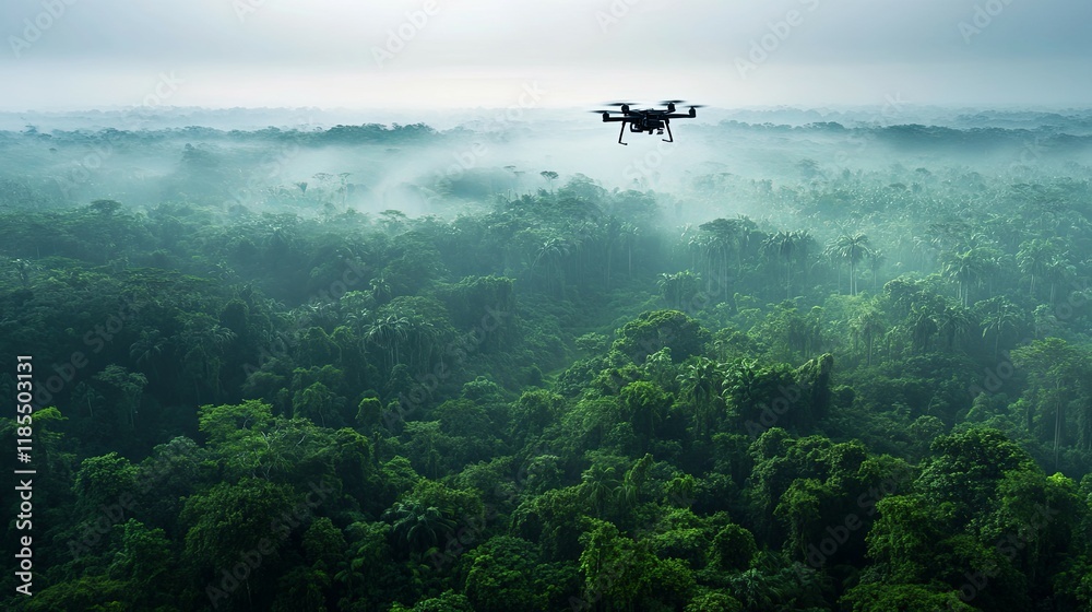 Naklejka premium Drone Soaring Above Misty Rainforest: A Serene Aerial View