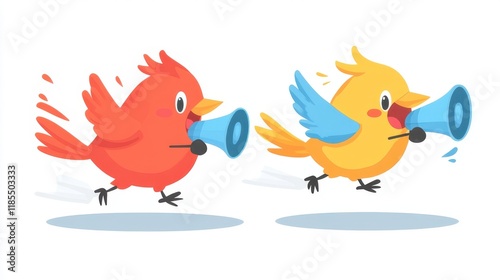 Chirping with Excitement: Two adorable cartoon birds, one red and one yellow,  both with big smiles,  announce a message with their blue megaphones. The birds are flying towards the viewer.