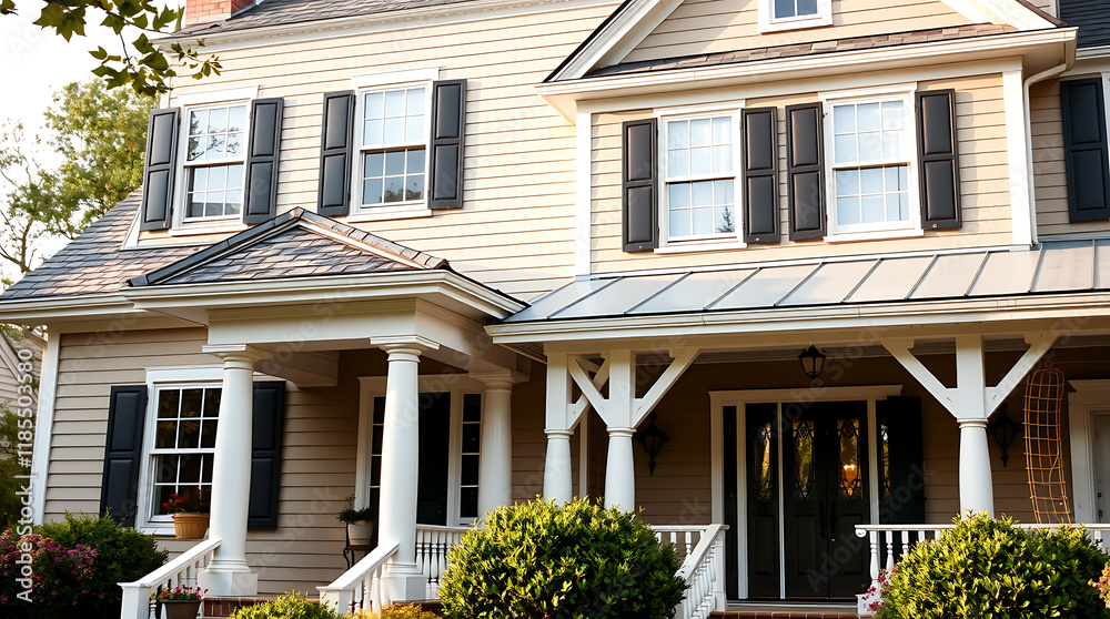 Two-story beige house with white columns, a porch, black shutters, and a metal roof. Landscaping includes shrubs in front. The house features multiple windows and a classic architectural style. Two-story beige house with white columns, a porch, black shutters, and a metal roof. Landscaping includes shrubs in front. The house features multiple windows and a classic architectural style.