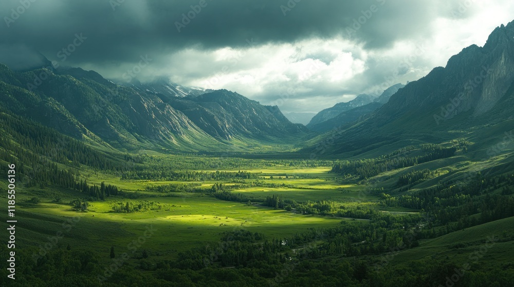 Naklejka premium Mountain Valley Under a Dramatic Sky