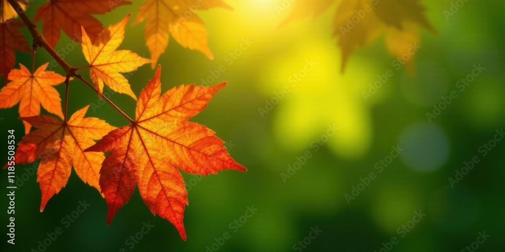 Autumnal foliage bathed in sunlight, vibrant red and orange leaves on a branch against a softly blurred green background, showcasing the beauty of nature's seasonal transition. Autumnal foliage bathed in sunlight, vibrant red and orange leaves on a branch against a softly blurred green background, showcasing the beauty of nature's seasonal transition.