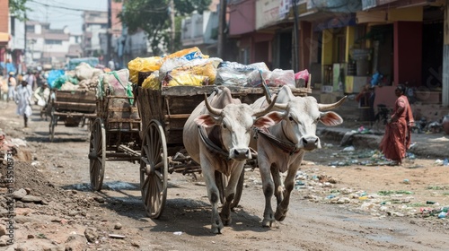 Ox-Drawn Cart Laden with Goods Through the Streets of India photo