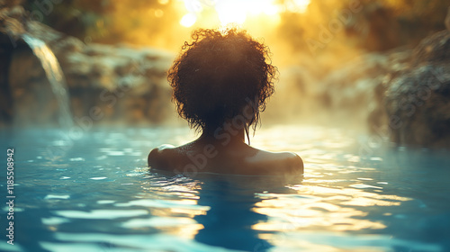Person Showering in a Natural Hot Spring with Soothing Steam and Clear Water