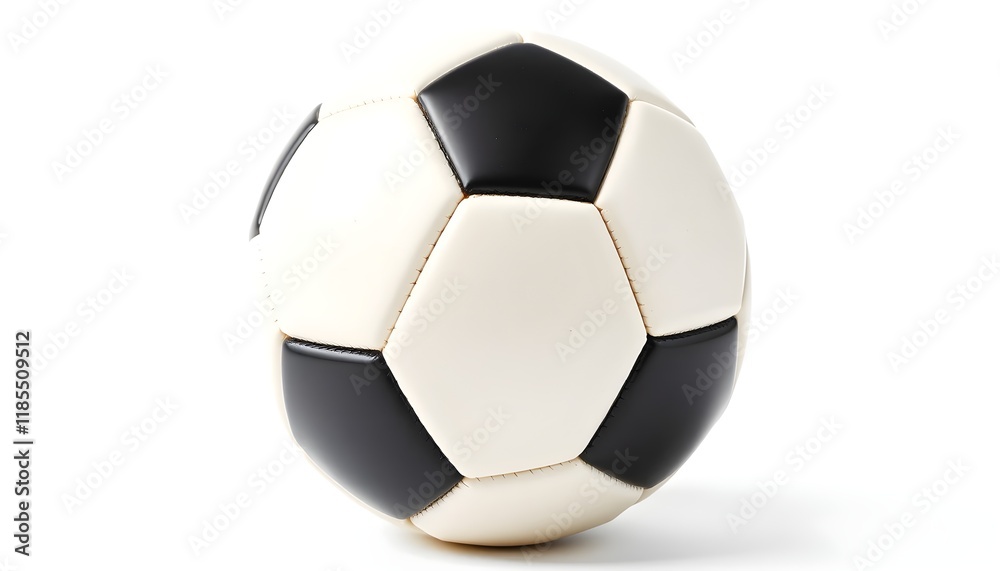 Naklejka premium Classic black and white soccer ball with visible wear, isolated on a clean white background, symbolizing sports and nostalgia