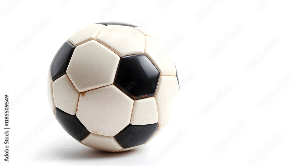 Fototapeta premium Classic black and white soccer ball with visible wear, isolated on a clean white background, symbolizing sports and nostalgia