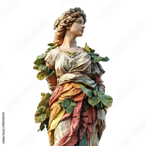 Ancient statue of a woman adorned with leaves, isolated on a transparent background.