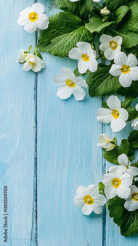 Obraz premium beautiful vertical composition with spring primula primrose flowers on light blue wooden background