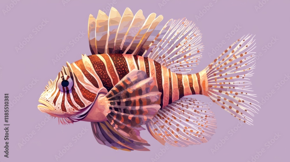 Fototapeta premium A beautifully illustrated fish with striking stripes and delicate fins, set against a soft purple background.