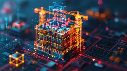 digital construction site with glowing building structure and cranes, showcasing advanced technology and innovation in architecture and engineering