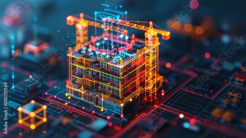 digital construction site with glowing building structure and cranes, showcasing advanced technology and innovation in architecture and engineering
