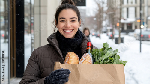Australian woman carrying a paper grocery bag walking on a winter city