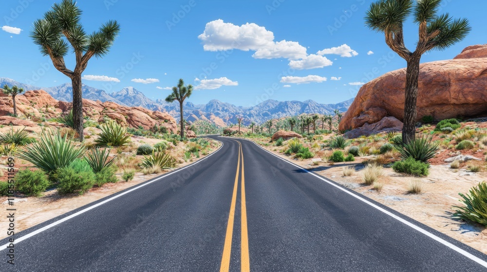 Scenic Desert Highway Winding Through Mojave Landscape Joshua Trees Mountains Scenic Desert Highway Winding Through Mojave Landscape Joshua Trees Mountains