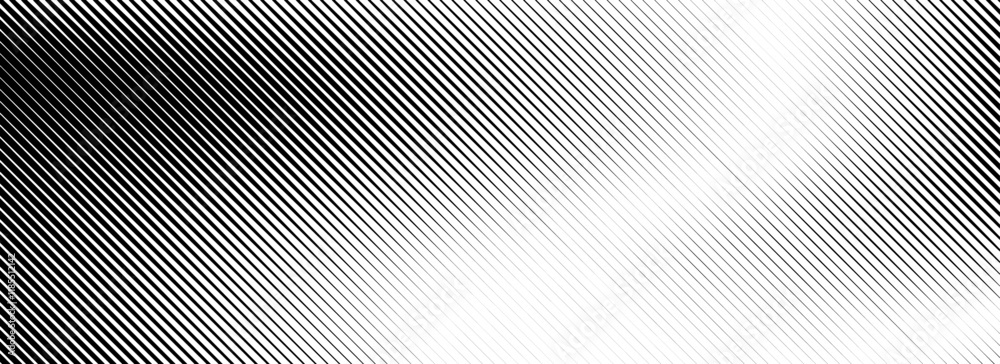Fading linear gradient texture. Black diagonal stripe gradation background. Thin and thick vanish slanted pattern backdrop. Oblique parallel stroke wallpaper. Vector