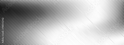 Fading linear gradient texture. Black diagonal stripe gradation background. Thin and thick vanish slanted pattern backdrop. Oblique parallel stroke wallpaper. Vector