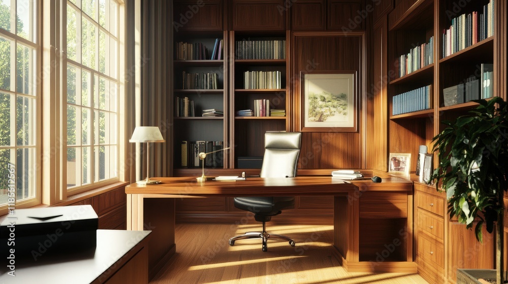 Sunlit Executive Office with Wooden Furnishings and Extensive Book Collection Sunlit Executive Office with Wooden Furnishings and Extensive Book Collection