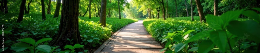 Wooden path cuts through dense mangrove foliage , tropical, natural Wooden path cuts through dense mangrove foliage , tropical, natural