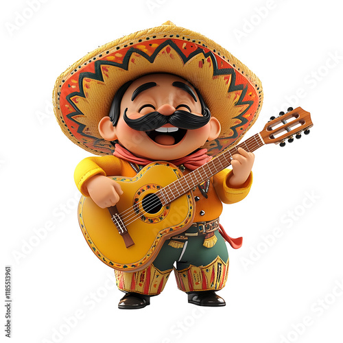 Cheerful Mexican musician playing acoustic guitar isolated on transparent background.