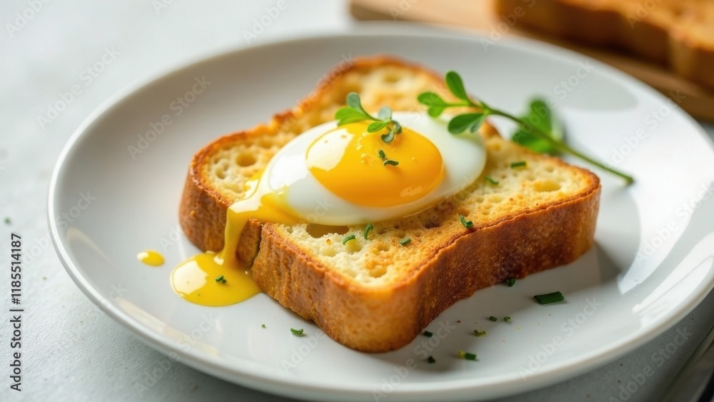Delectable baked bread slice topped with a perfectly poached egg, showcasing a vibrant yolk and delicate herbs Delectable baked bread slice topped with a perfectly poached egg, showcasing a vibrant yolk and delicate herbs