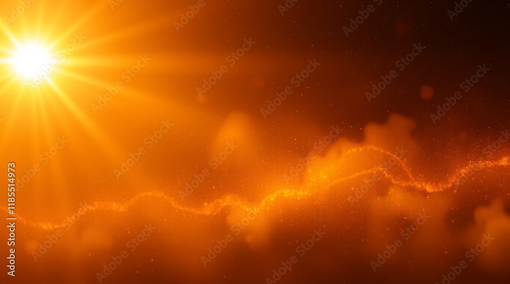 Fototapeta premium Bright sun, golden sky, dramatic clouds, sunburst, orange atmosphere, celestial landscape, vibrant sunset, ethereal glow, heavenly scene, radiant light, atmospheric haze, cosmic beauty, majestic skysc