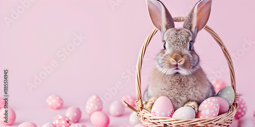 Cute rabbit in Easter basket with eggs, Festive Easter rabbit portrait