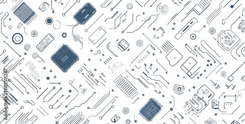 Intricate Seamless Circuit Board Pattern with Electronic Elements and White Edge Design for Technology Concepts
