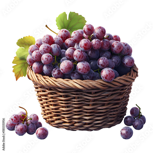 A wicker basket filled with red grapes isolated on a white background with a few grapes scattered around the basket.